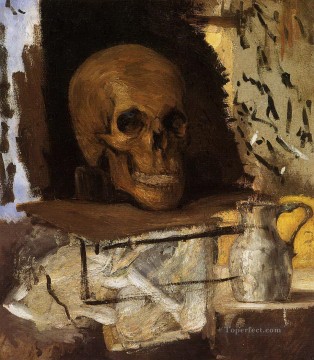 静物 Painting - 静物画 頭蓋骨と水差し ポール・セザンヌ